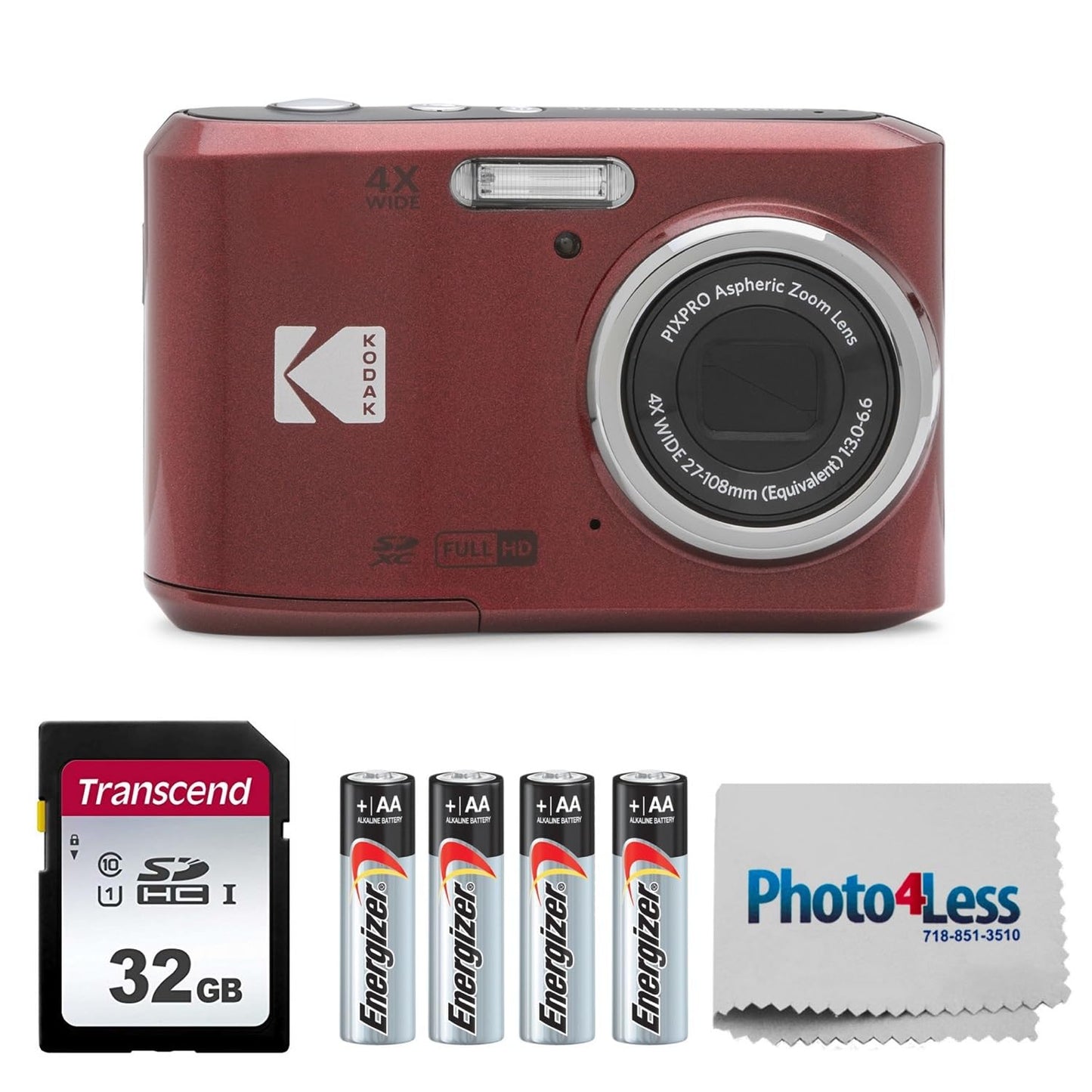 KODAK PIXPRO FZ45 16MP Digital Camera with 4X Optical Zoom 27mm Wide Angle and 2.7" LCD Screen Bundle with 32GB SD Memory Card AA Batteries (4 Pack) Lens Cleaning Cloth (Red)